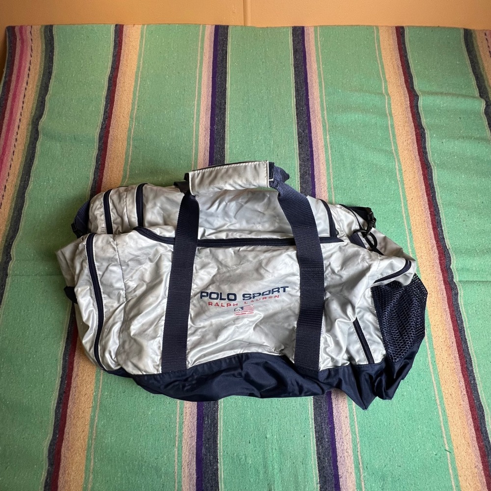 Polo Sport Ralph Lauren Duffel Bag Unisex Large Silver Navy Blue Vintage Gym Bag